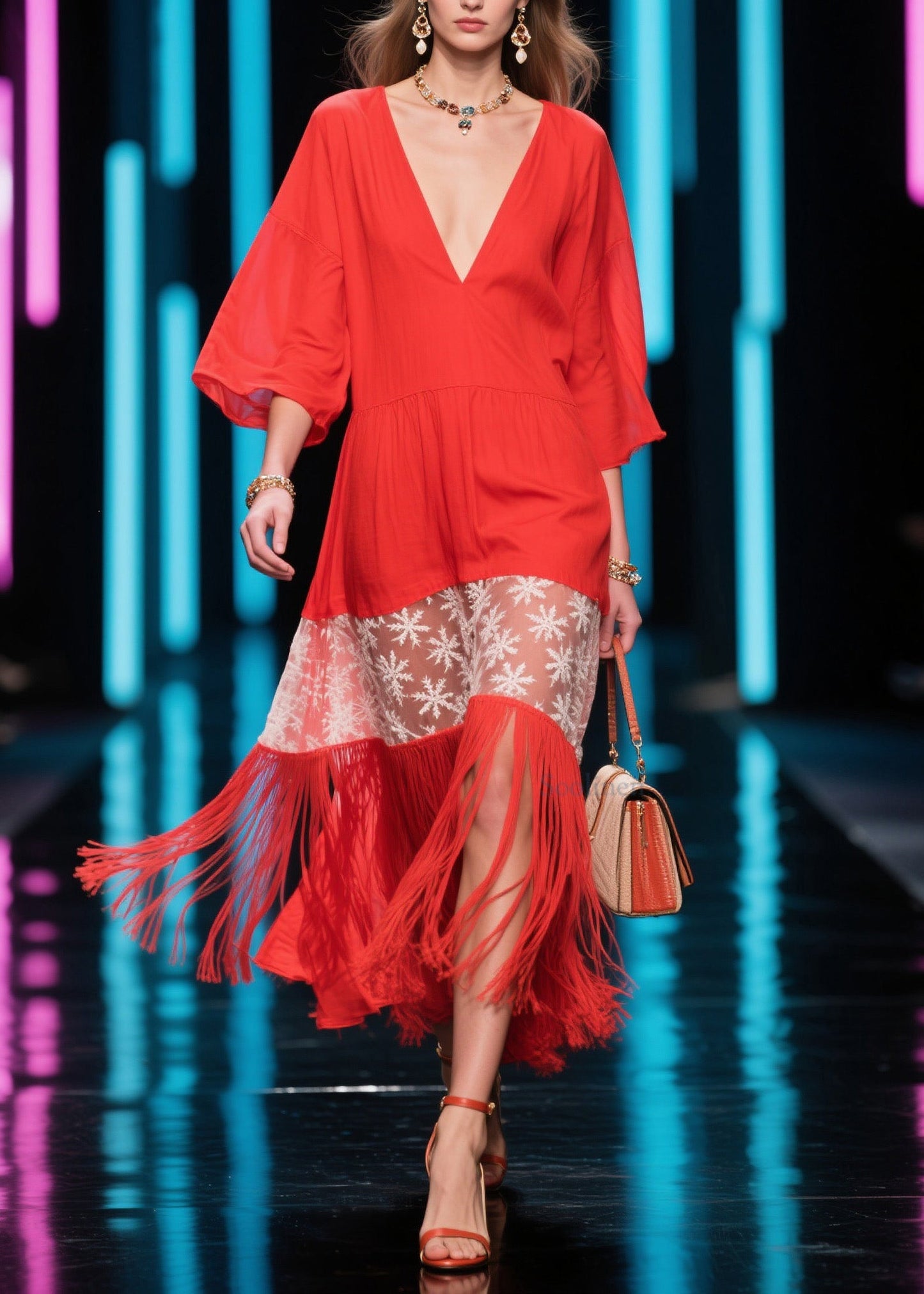 Bohemian Red V Neck Print Tassel Cotton Dress Summer