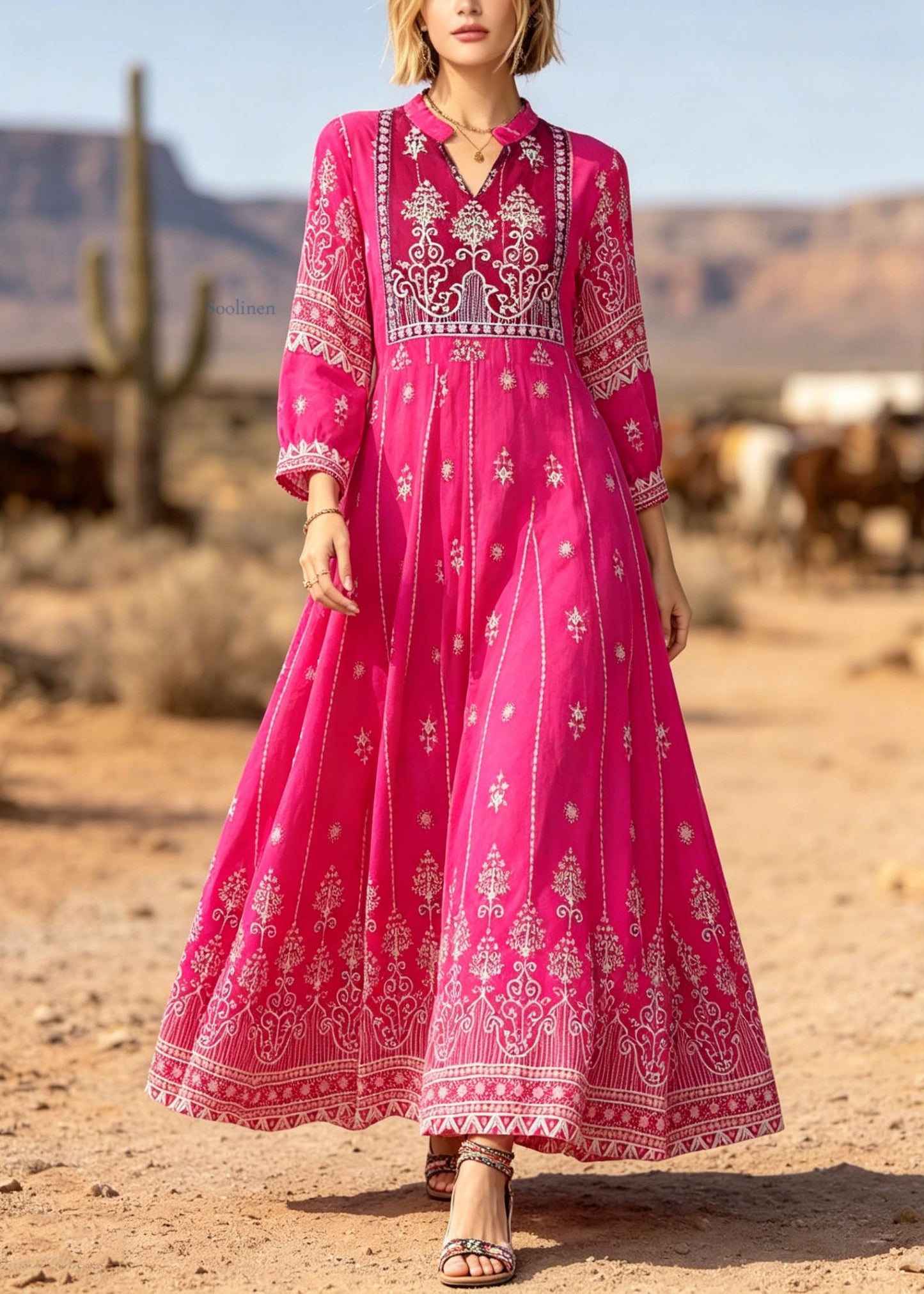 Bohemian Rose V Neck Print Exra Large Hem Cotton Dresses Summer