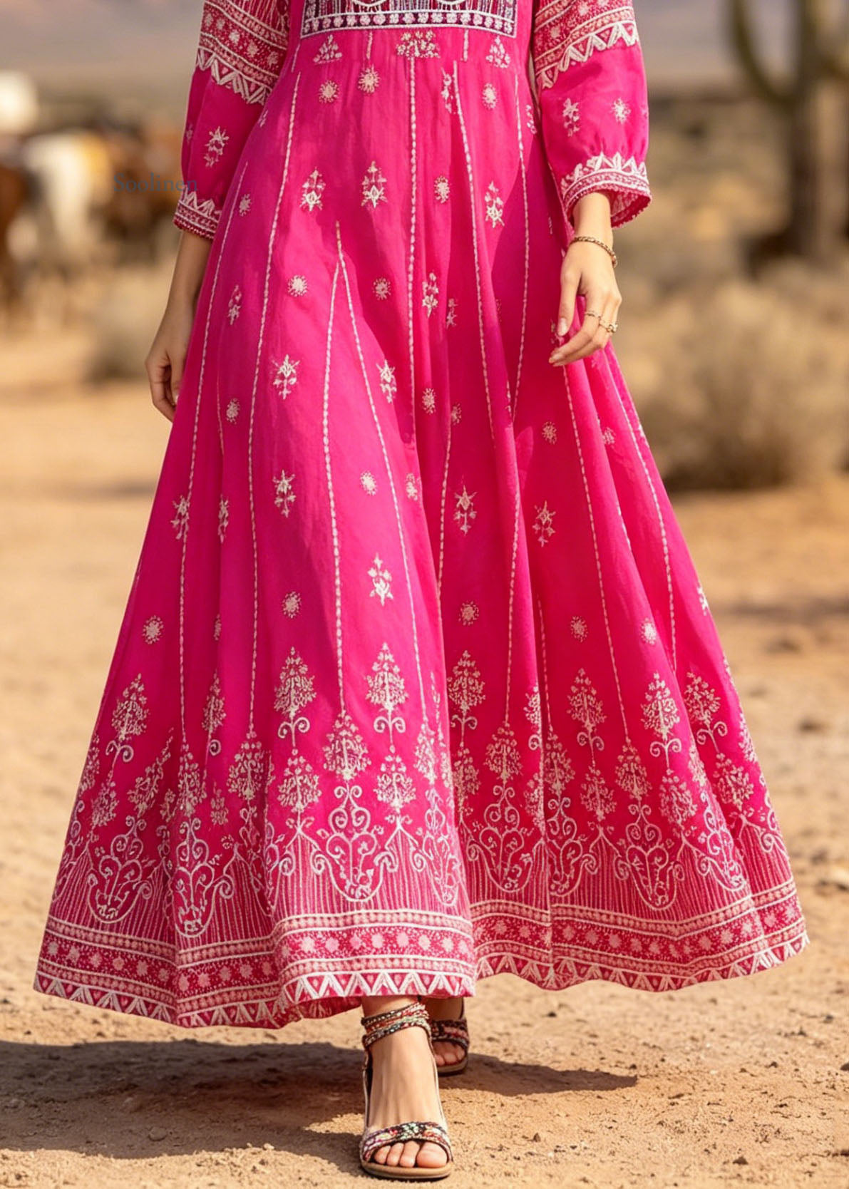Bohemian Rose V Neck Print Exra Large Hem Cotton Dresses Summer