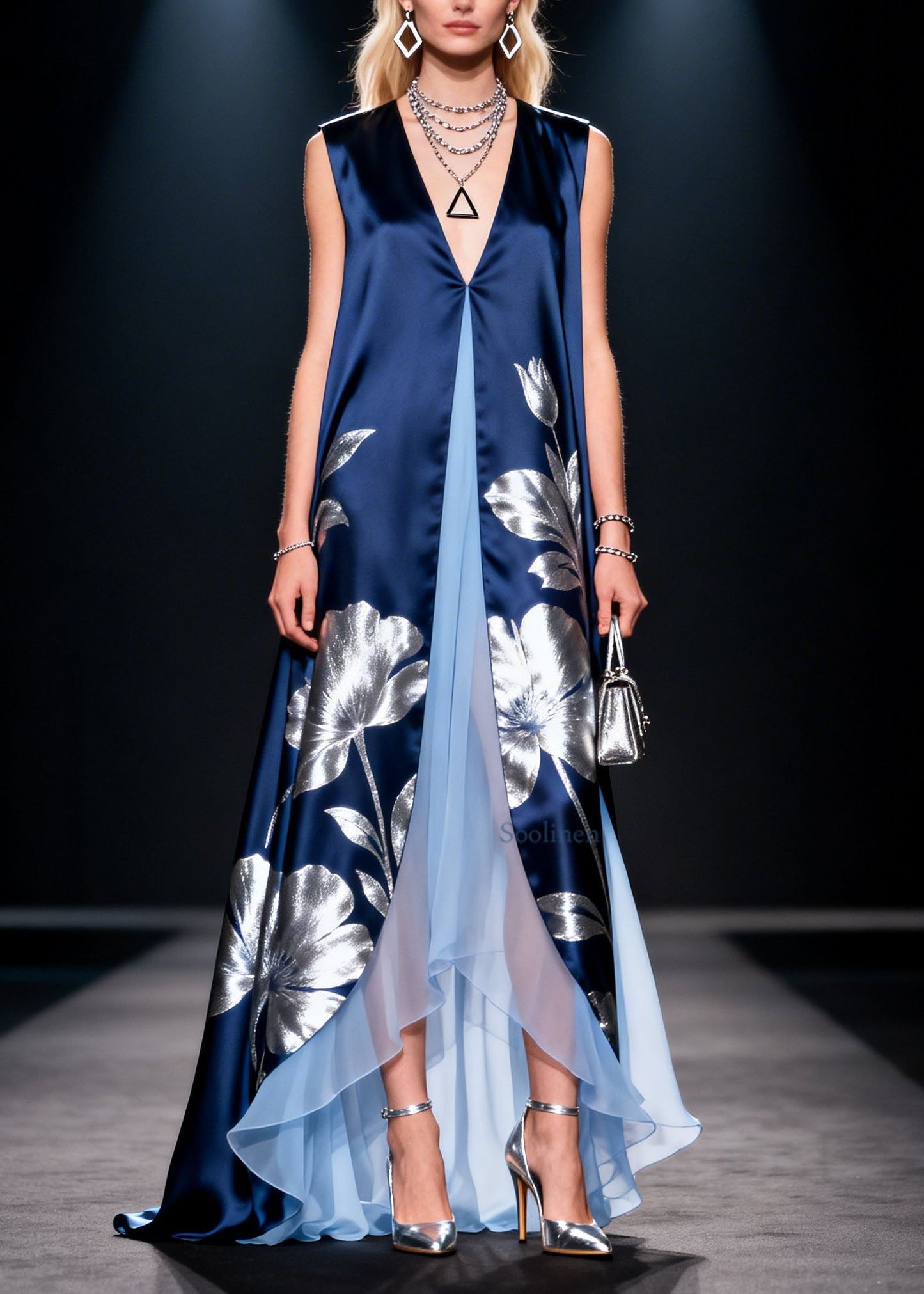 Bohemian V Neck Print Patchwork Silk Long Dress Summer