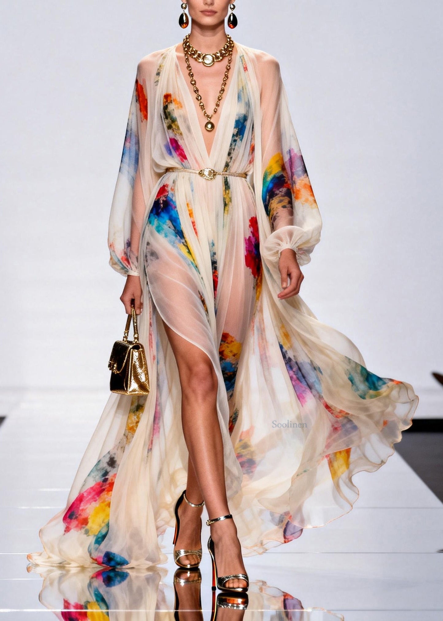 Bohemian V Neck Side Open Print Cotton Robe Dresses Spring