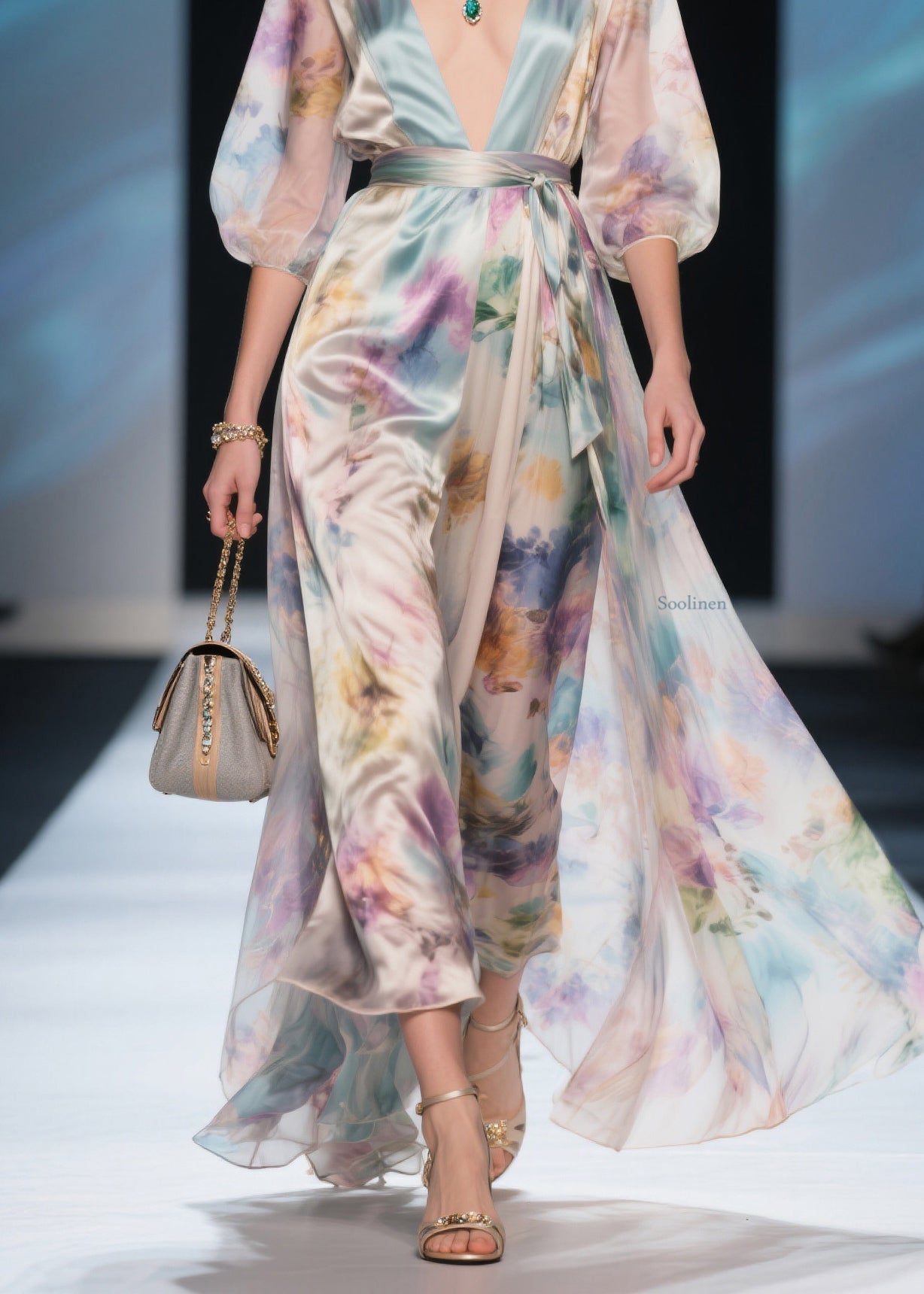 Bohemian V Neck Tie Waist Silk Maxi Dress Summer