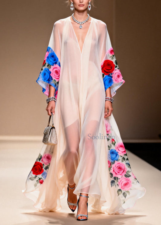 Bohemian White Oversized Print Chiffon Vacation Dresses Summer