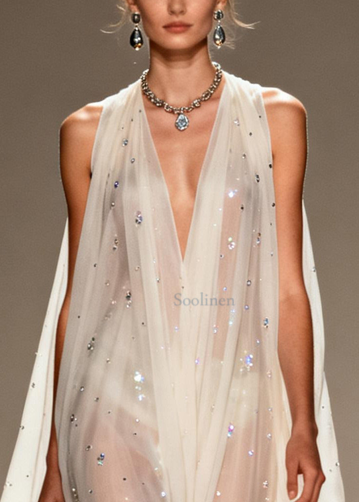 Bohemian White Rhinestone Draping Chiffon Sheer Dress Sleeveless