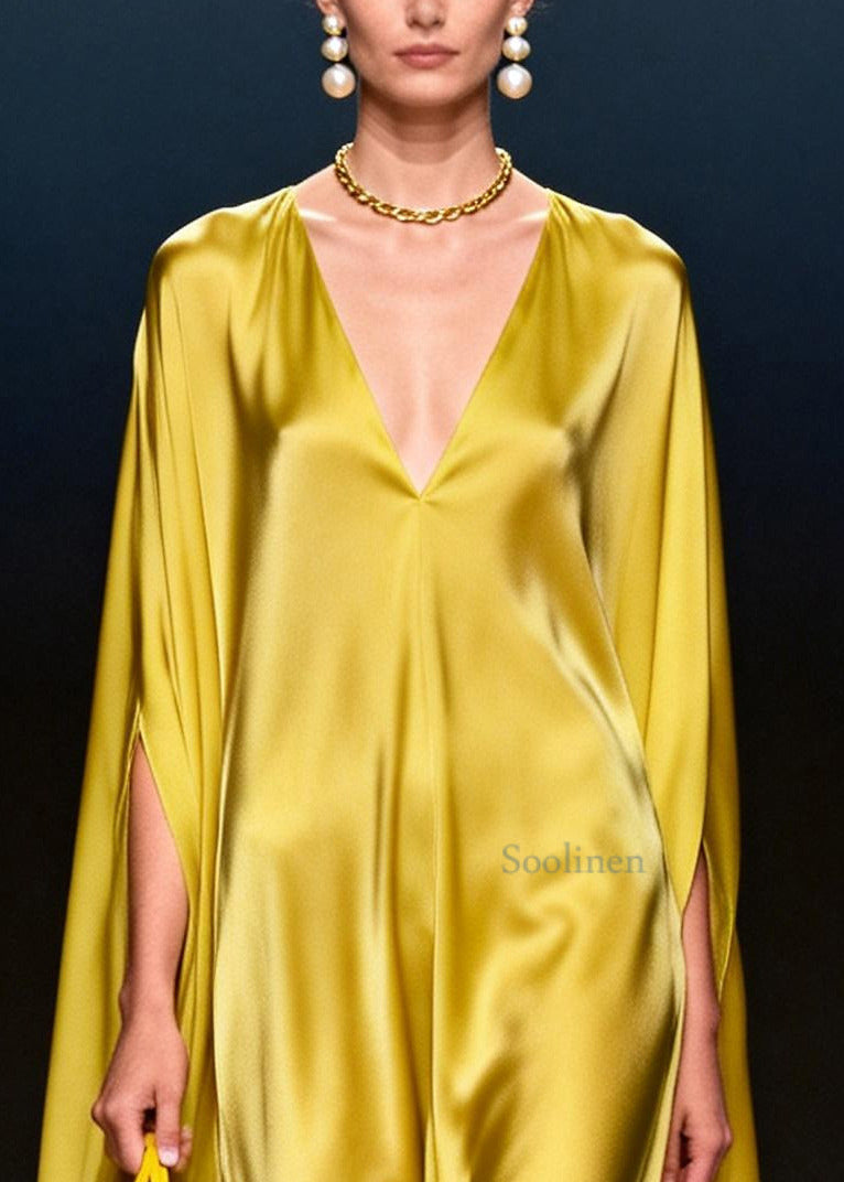 Bohemian Yellow Oversized Chiffon Vacation Dresses Batwing Sleeve
