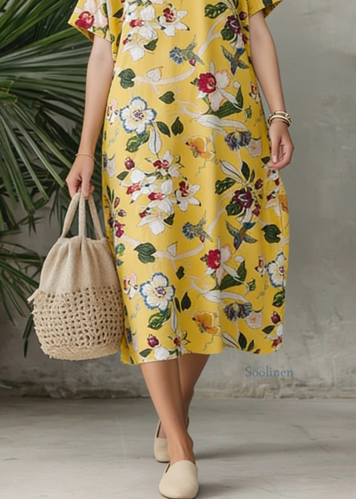 Bohemian Yellow V Neck Print Loose Cotton Dress Summer