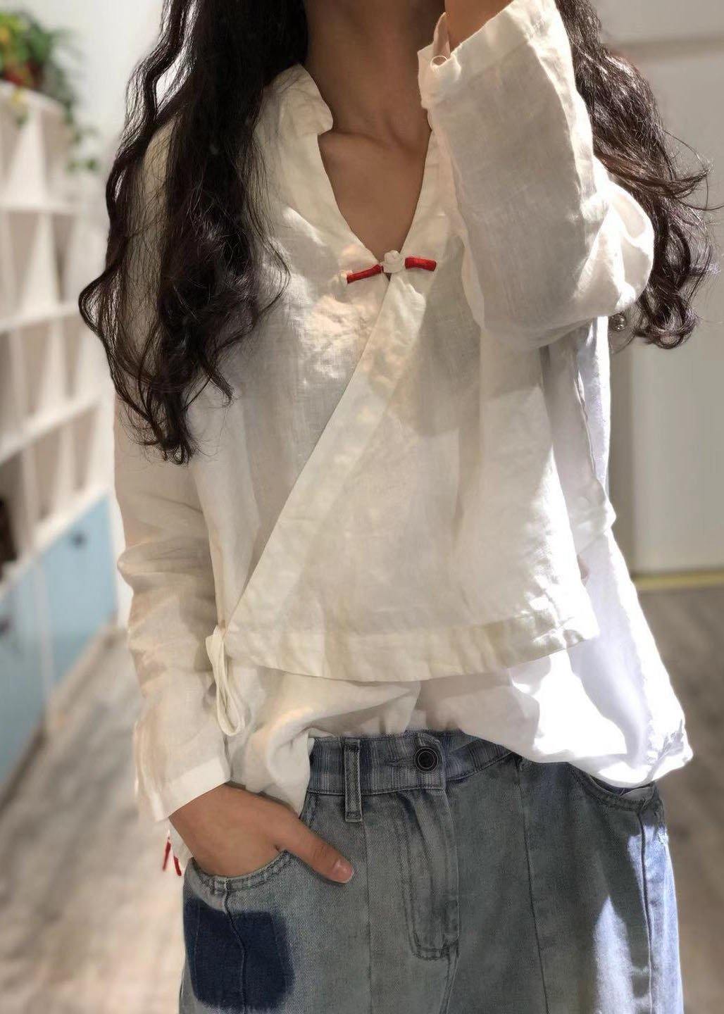 Bohemian Print2 linen Blouse v neck fall top