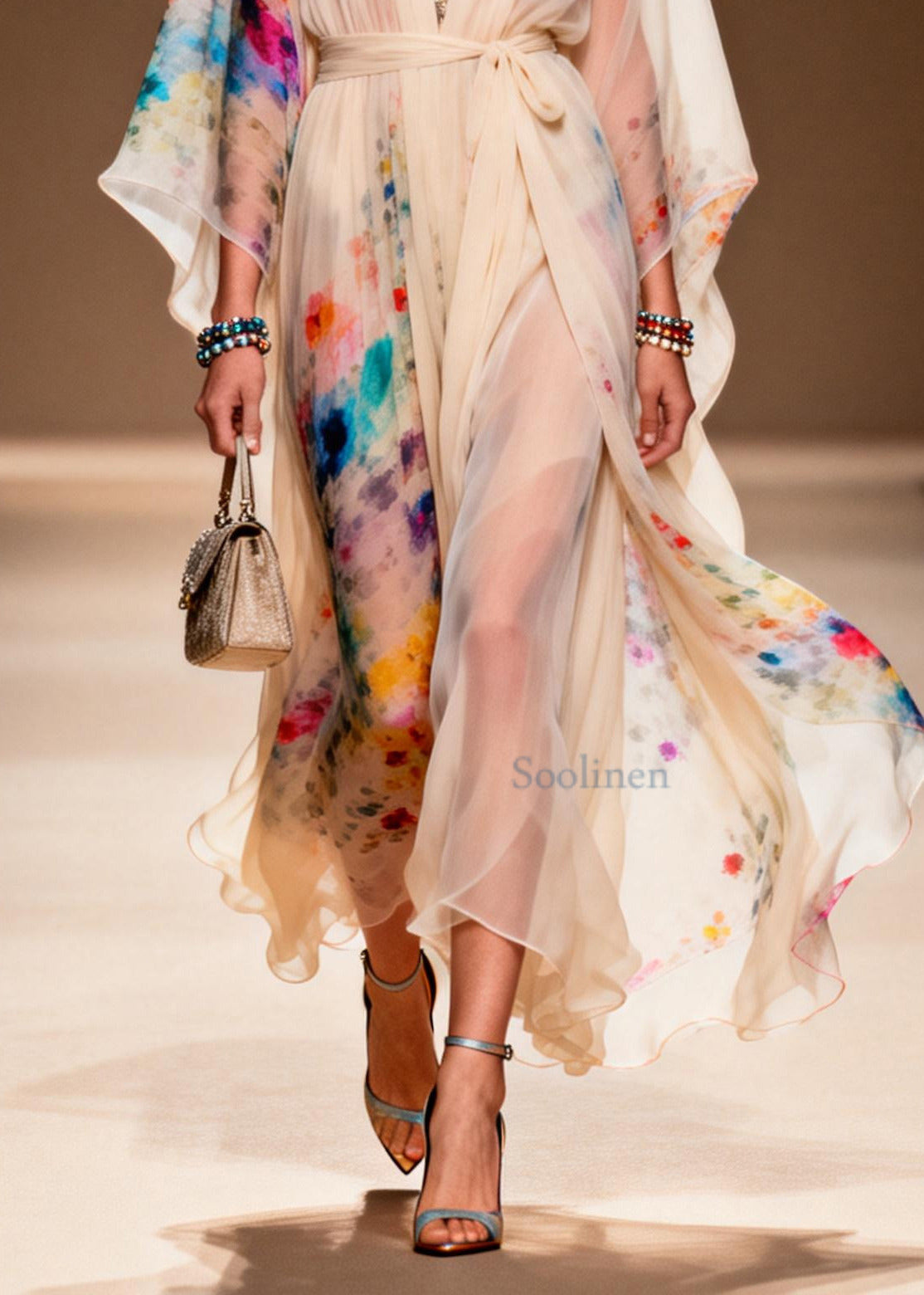 Boho Apricot Tie Waist Print Chiffon Ankle Dress Summer