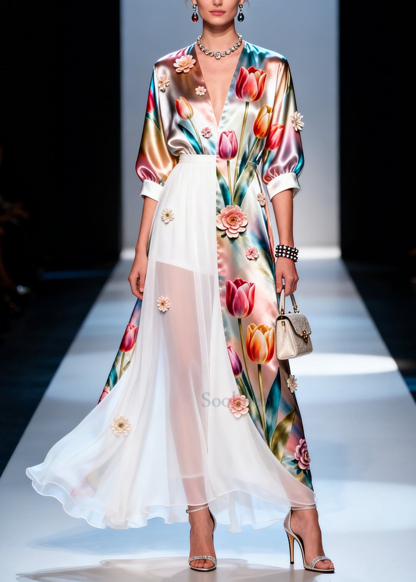 Boho Asymmetrical Design Handmade Floral Silk Robe Dresses Summer