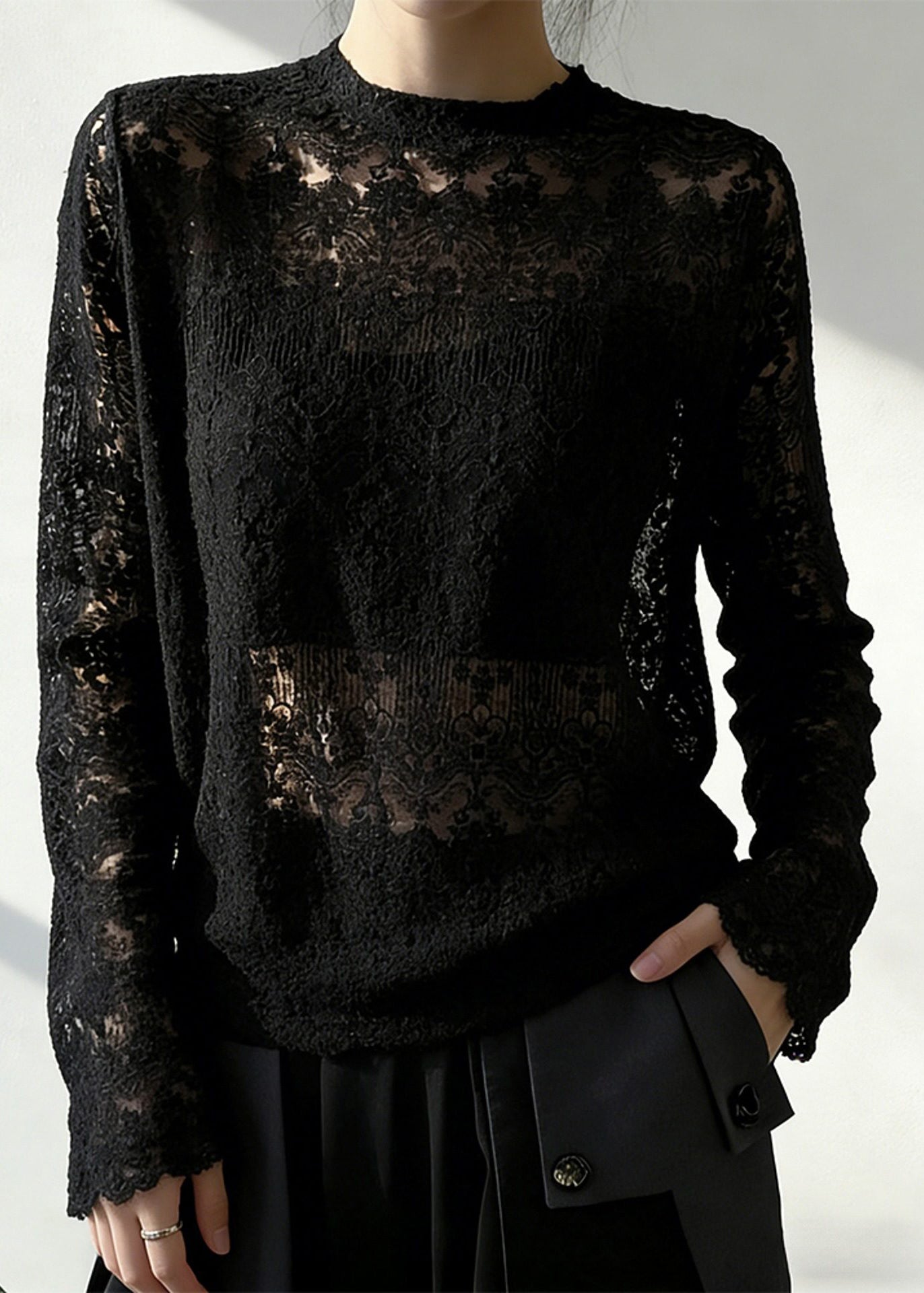 Boho Black Jacquard Hollow Out Lace Top Spring