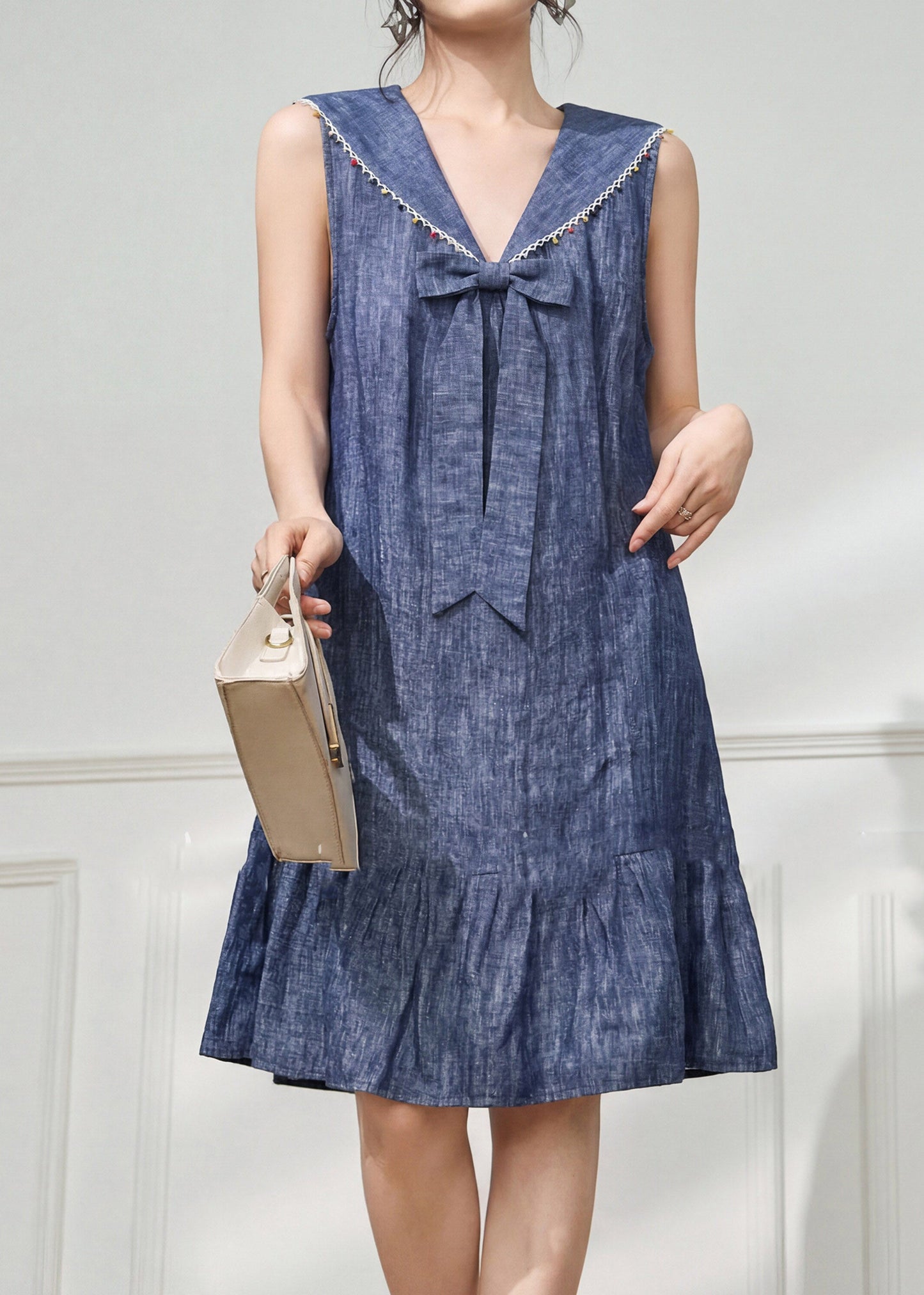 Boho Blue Bow Linen Maxi Dresses Sleeveless