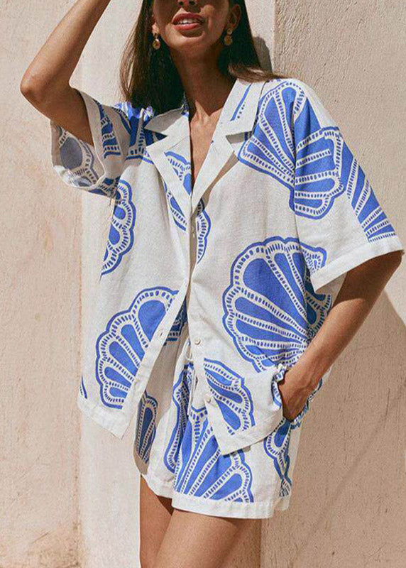Boho Blue Notched Print Shirts And Shorts Pajama Set