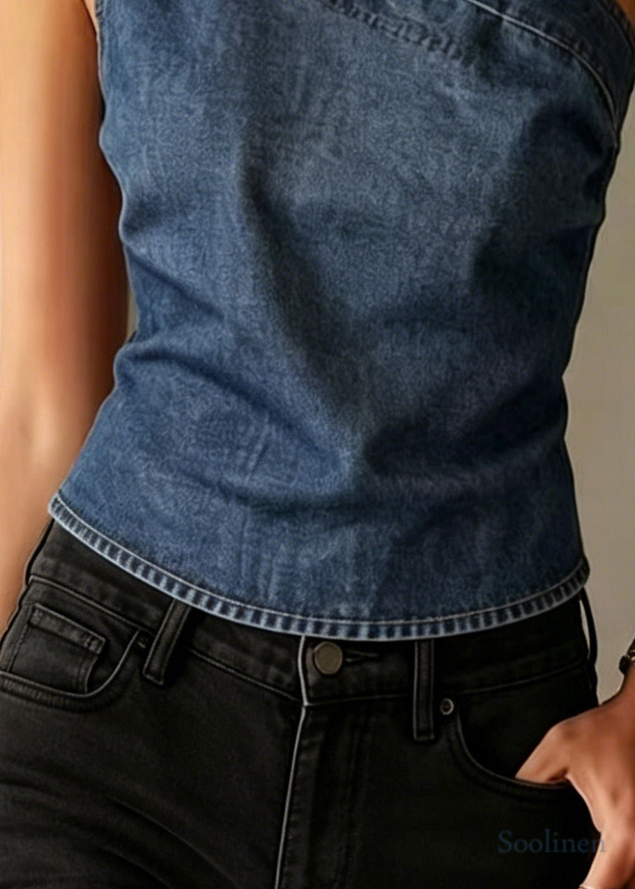 Boho Blue One Shoulder Denim Tank Sleeveless