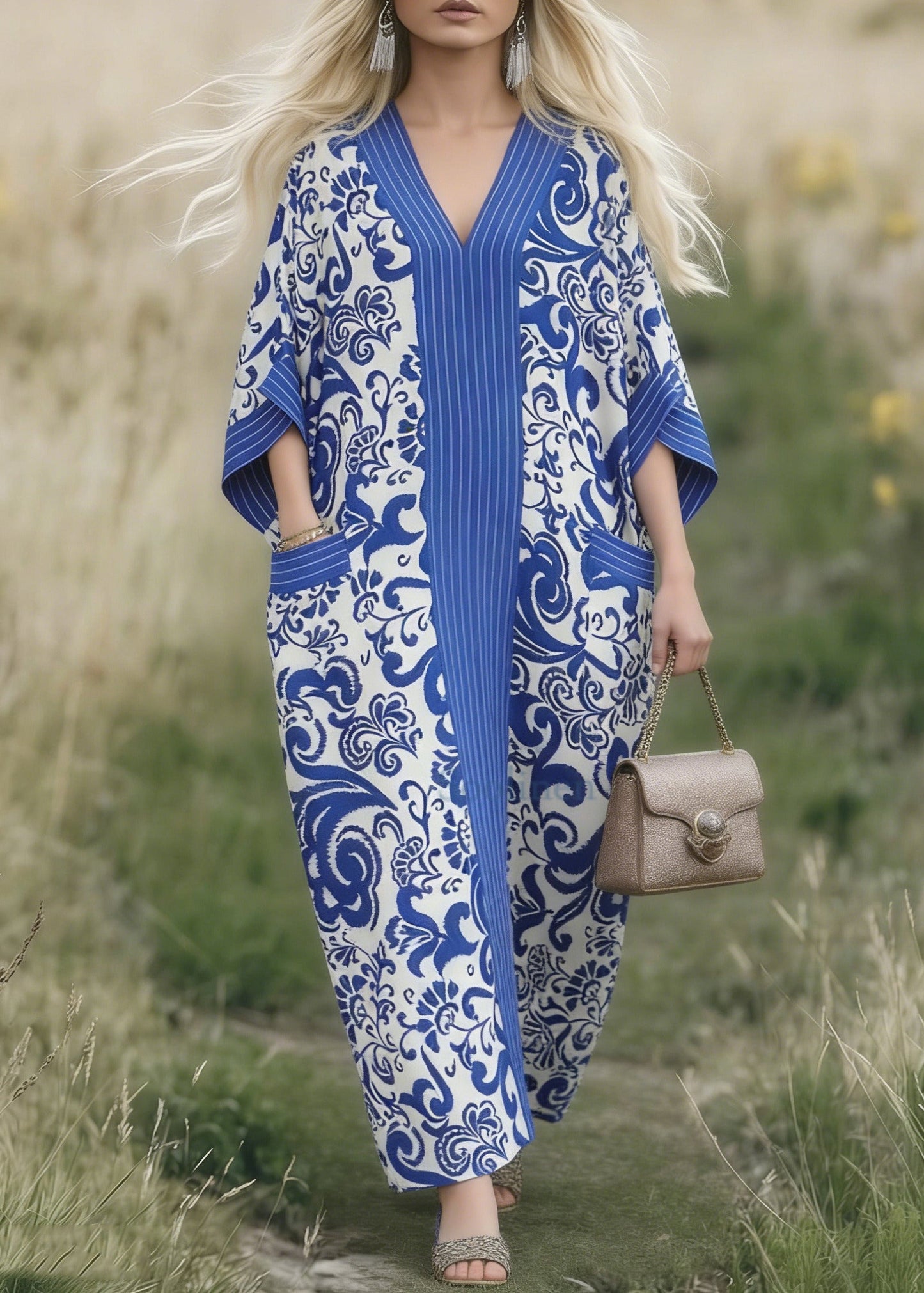 Boho Blue Oversized Print Cotton Maxi Dresses Spring