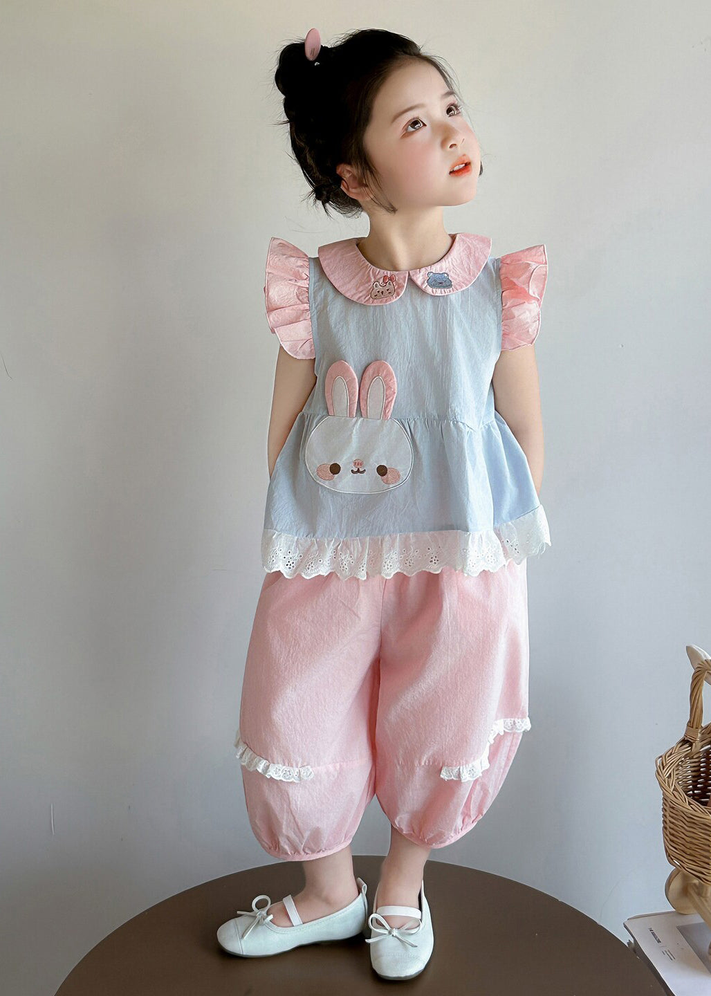 Boho Blue Rabbit Embroideried Cotton Baby Girls Two Pieces Set Summer