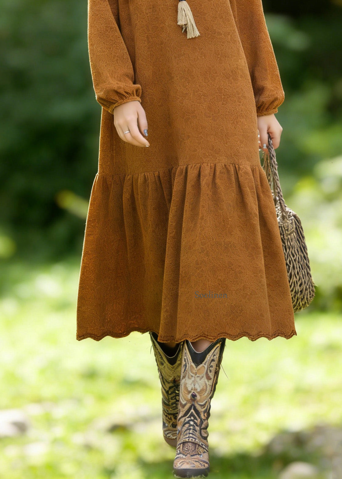 Boho Brown O Neck Jacquard Lace Vacation Dresses Spring