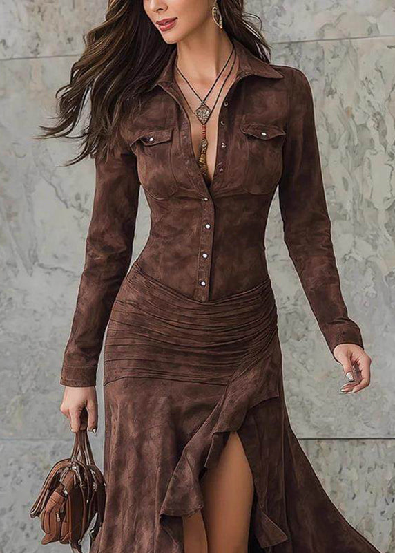 Boho Caramel Peter Pan Collar Patchwork Side Open Velour Maxi Dress Spring