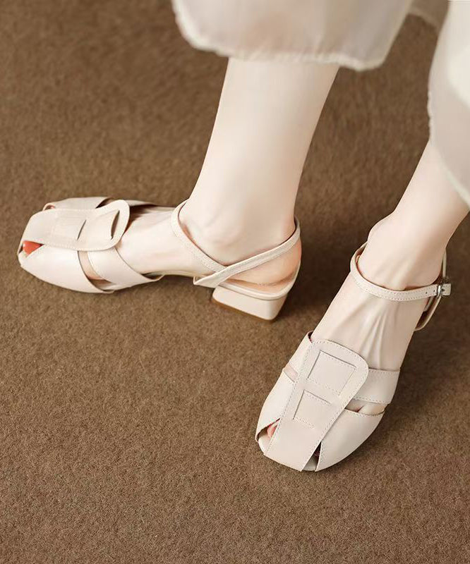 Boho Chunky Sandals Beige Hollow Out Faux Leather