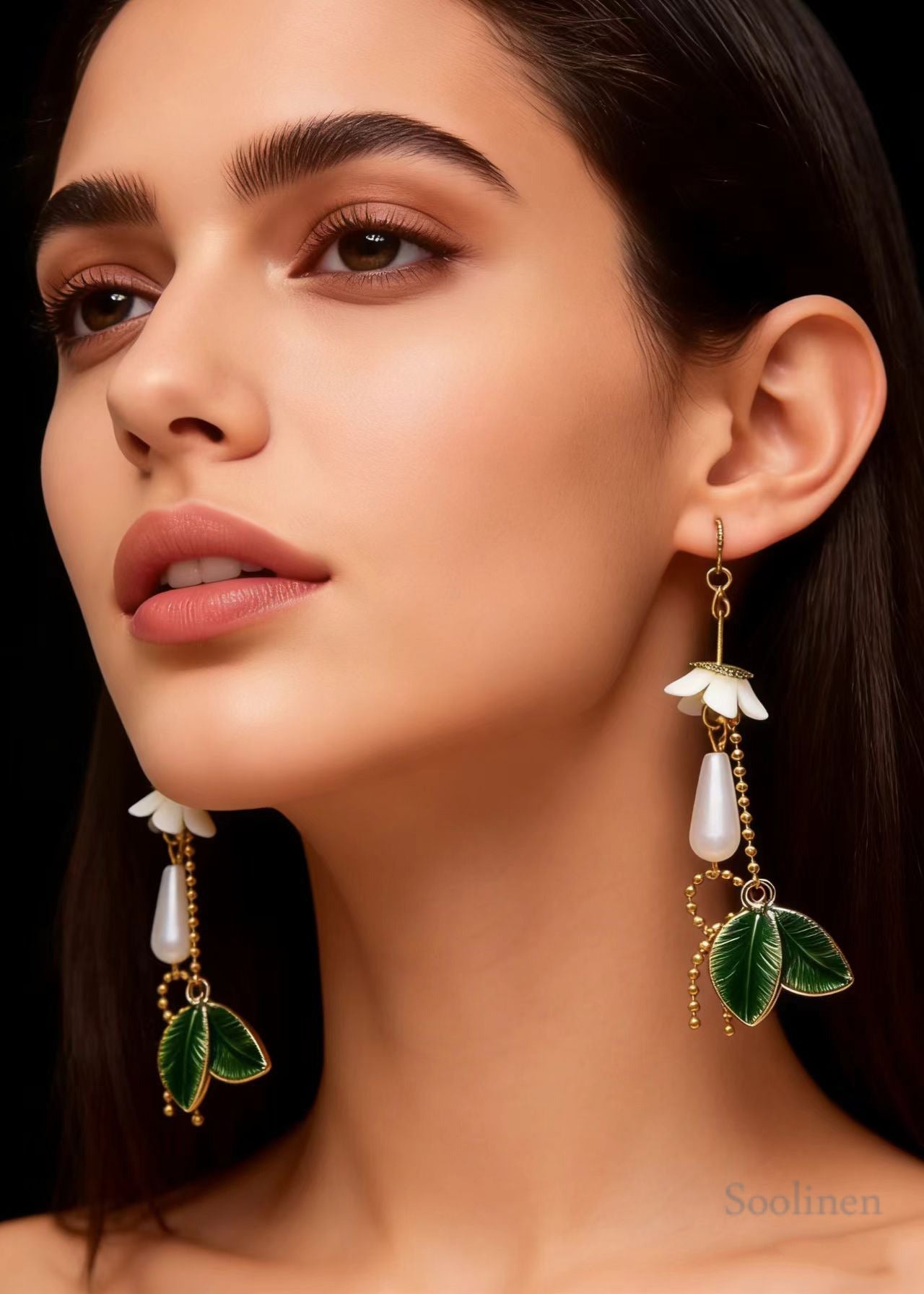 Boho Green Leaf Water Droplet Pearl Drop Earrings