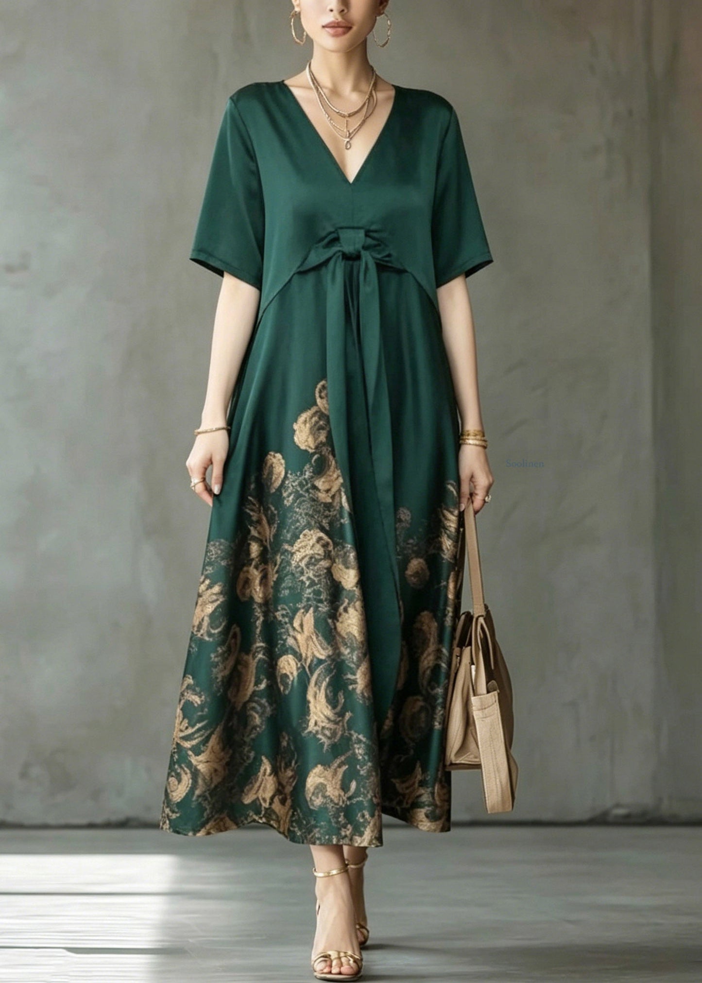 Boho Green Wrinkled Patchwork Maxi Dress Short Sleeve