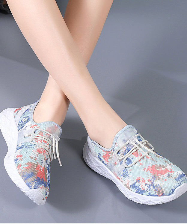 Boho Lace Up Flat Shoes Red Print Knit Fabric