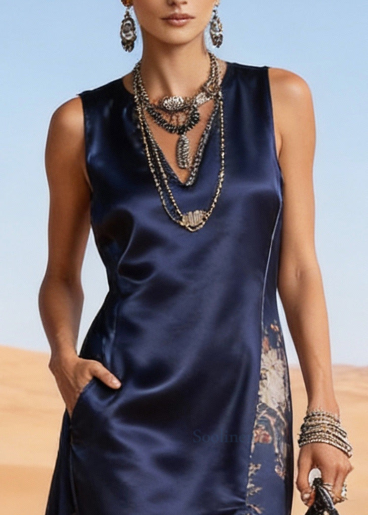 Boho Navy Asymmetrical Patchwork Side Open Silk Holiday Dress Sleeveless