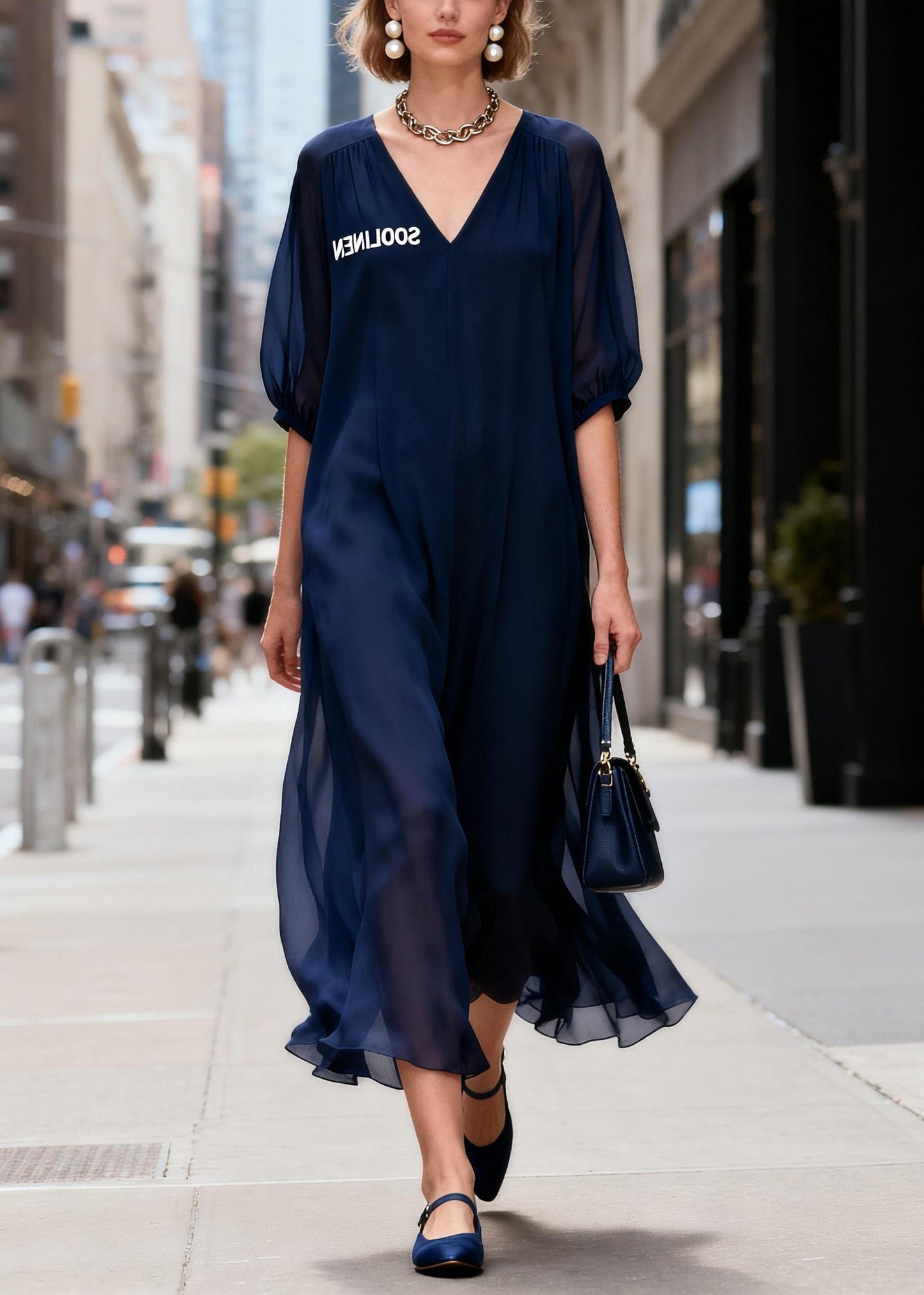 Boho Navy V Neck Chiffon Ankle Dress Summer