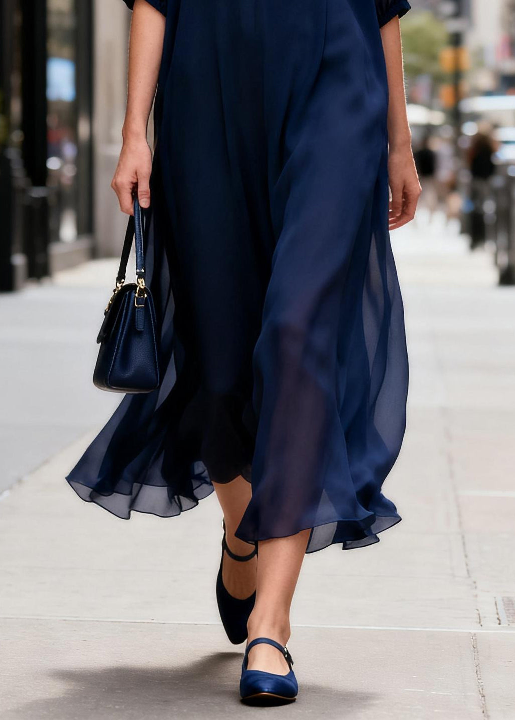 Boho Navy V Neck Chiffon Ankle Dress Summer