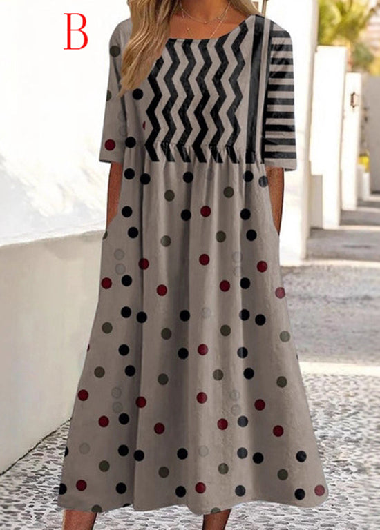 Boho O Neck Print Pockets Loose Cotton Dresses Summer