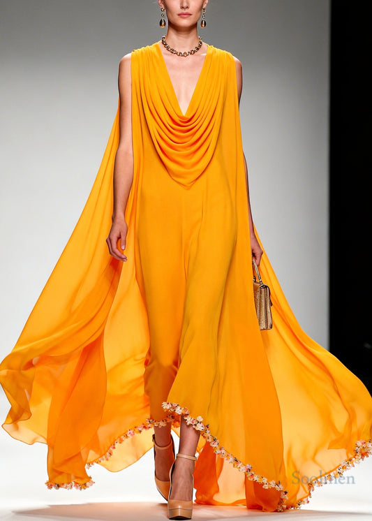 Boho Orange Turtle Neck Exra Large Hem Chiffon Maxi Dress Summer