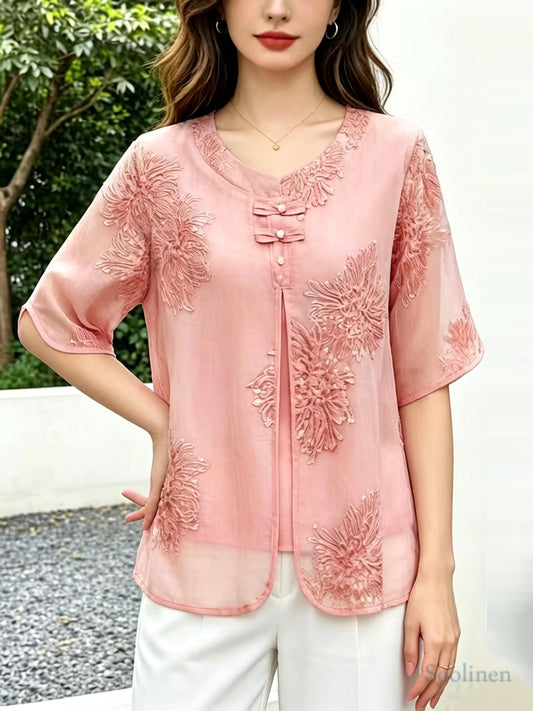 Boho Pink Embroidered Chinese Button Silk Blouse Top Summer