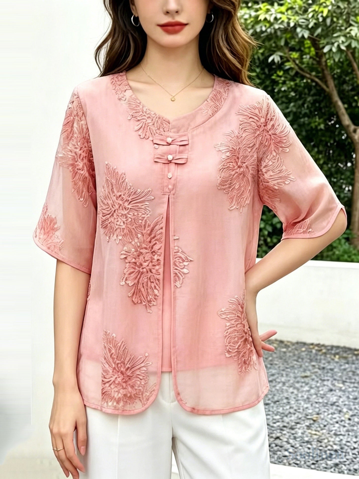 Boho Pink Embroidered Chinese Button Silk Blouse Top Summer