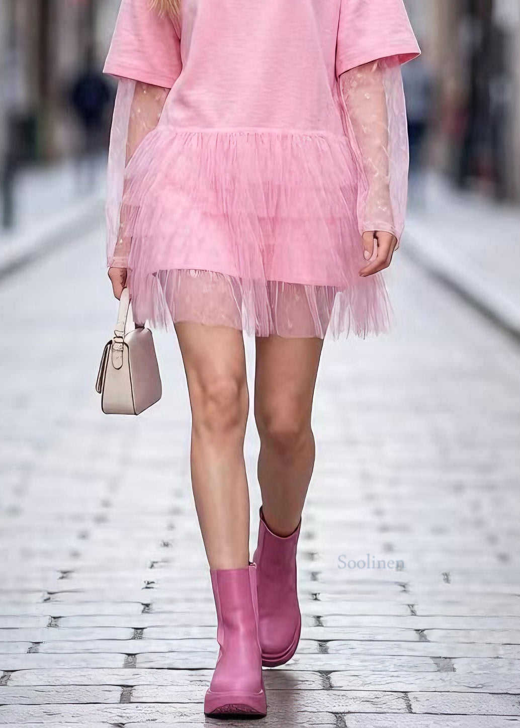 Boho Pink O Neck Tulle Patchwork Cotton Short Dress Summer