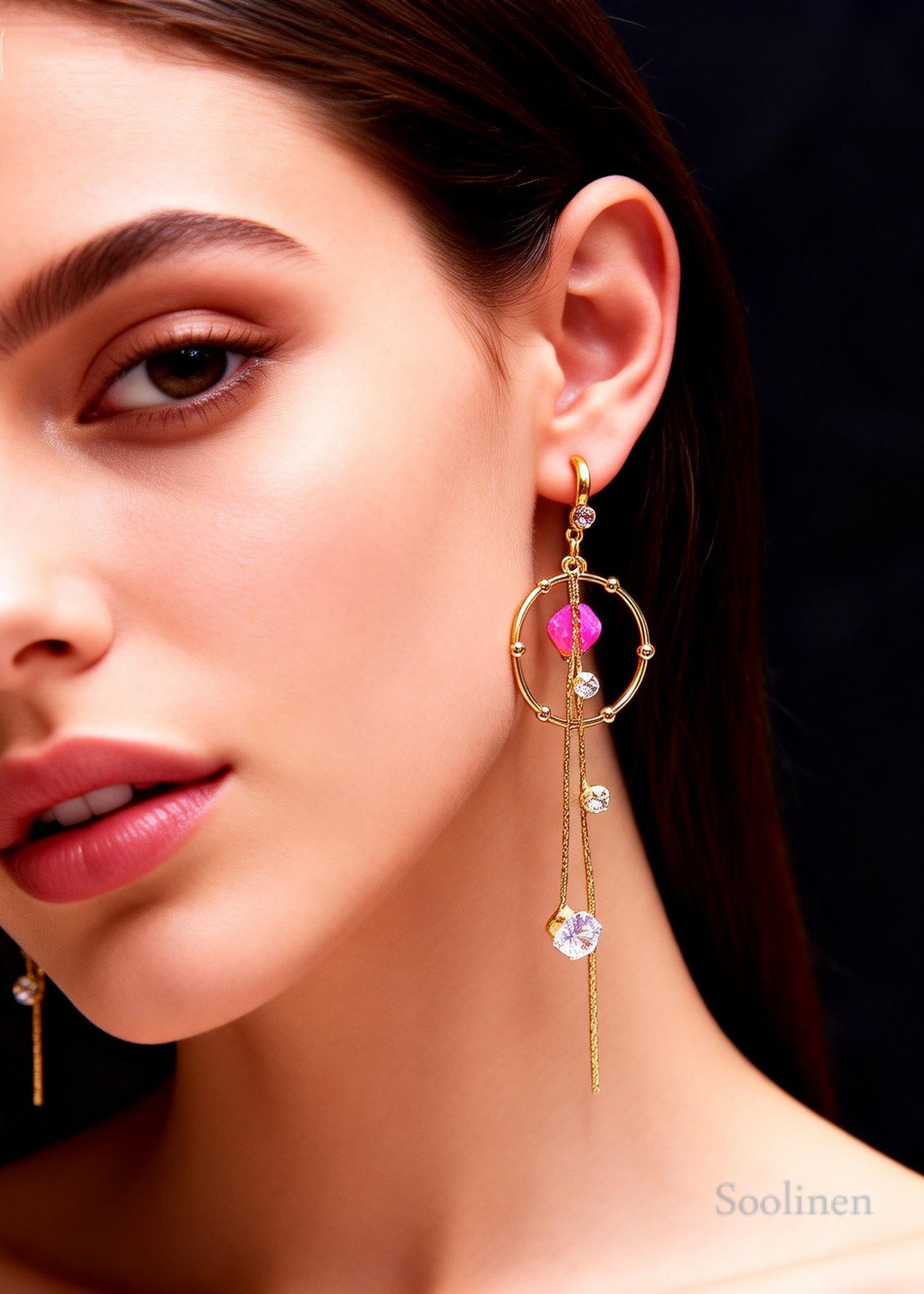 Boho Pink Zircon Tassels Long Drop Earrings