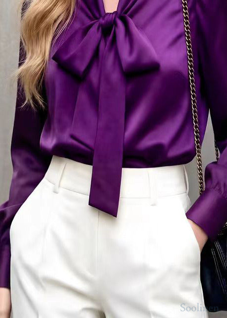 Boho Purple Bow Collar Draping Chiffon Blouses Spring