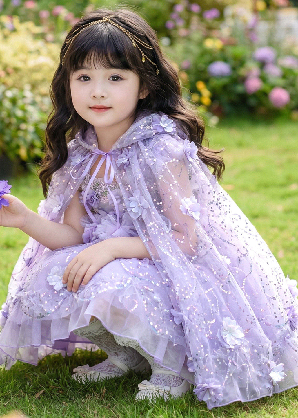 Boho Purple Floral Pearl Tassel Tulle Girls Long Dresses Sleeveless