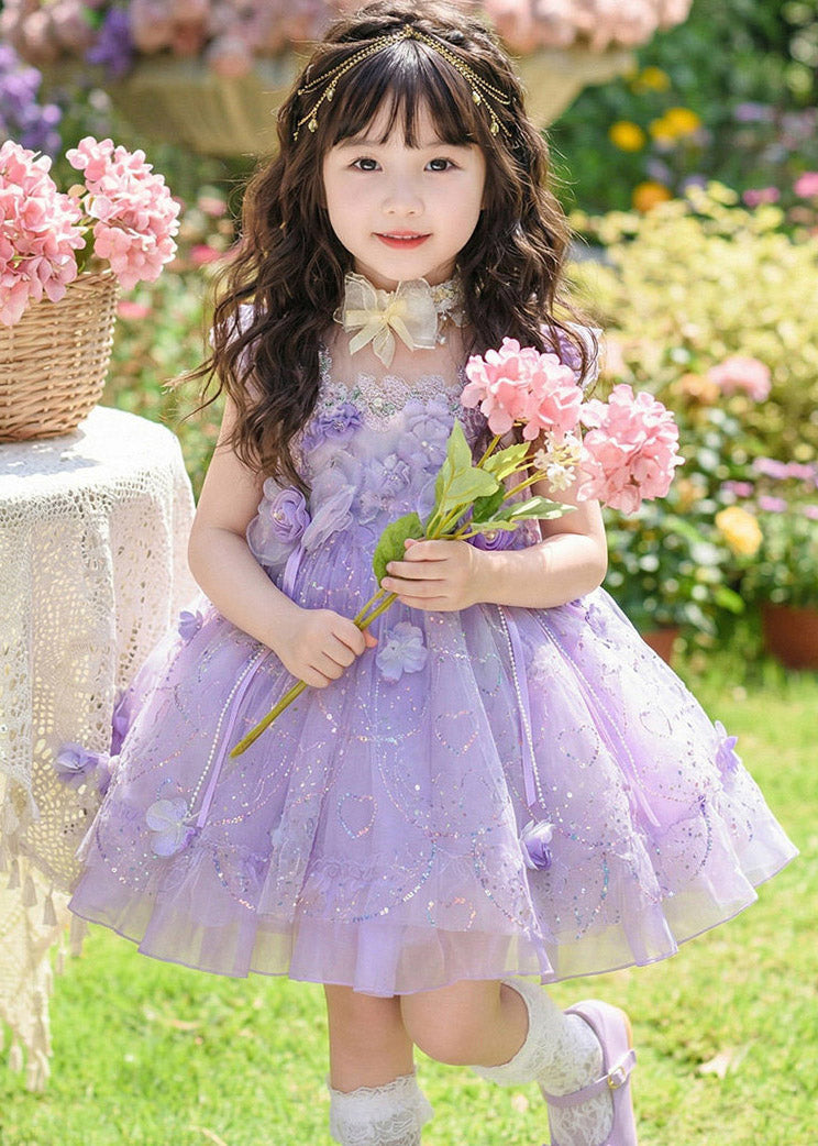 Boho Purple Floral Pearl Tassel Tulle Girls Long Dresses Sleeveless