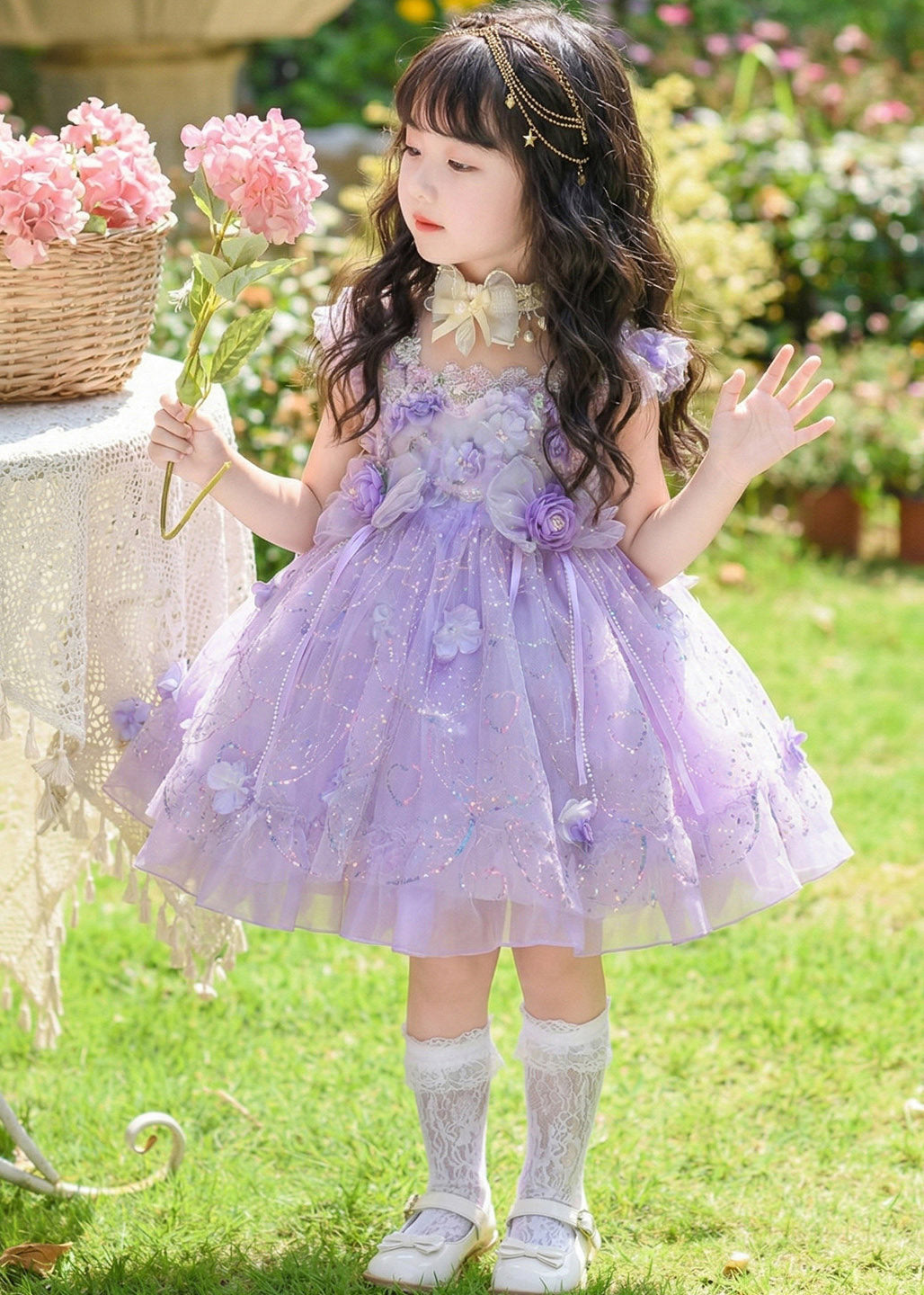 Boho Purple Floral Pearl Tassel Tulle Girls Long Dresses Sleeveless