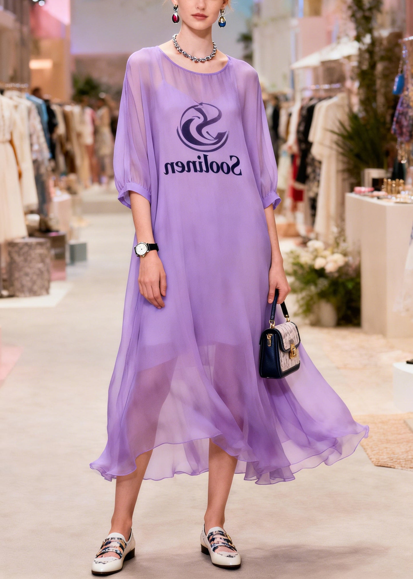 Boho Purple Print Draping Chiffon Long Dresses Summer