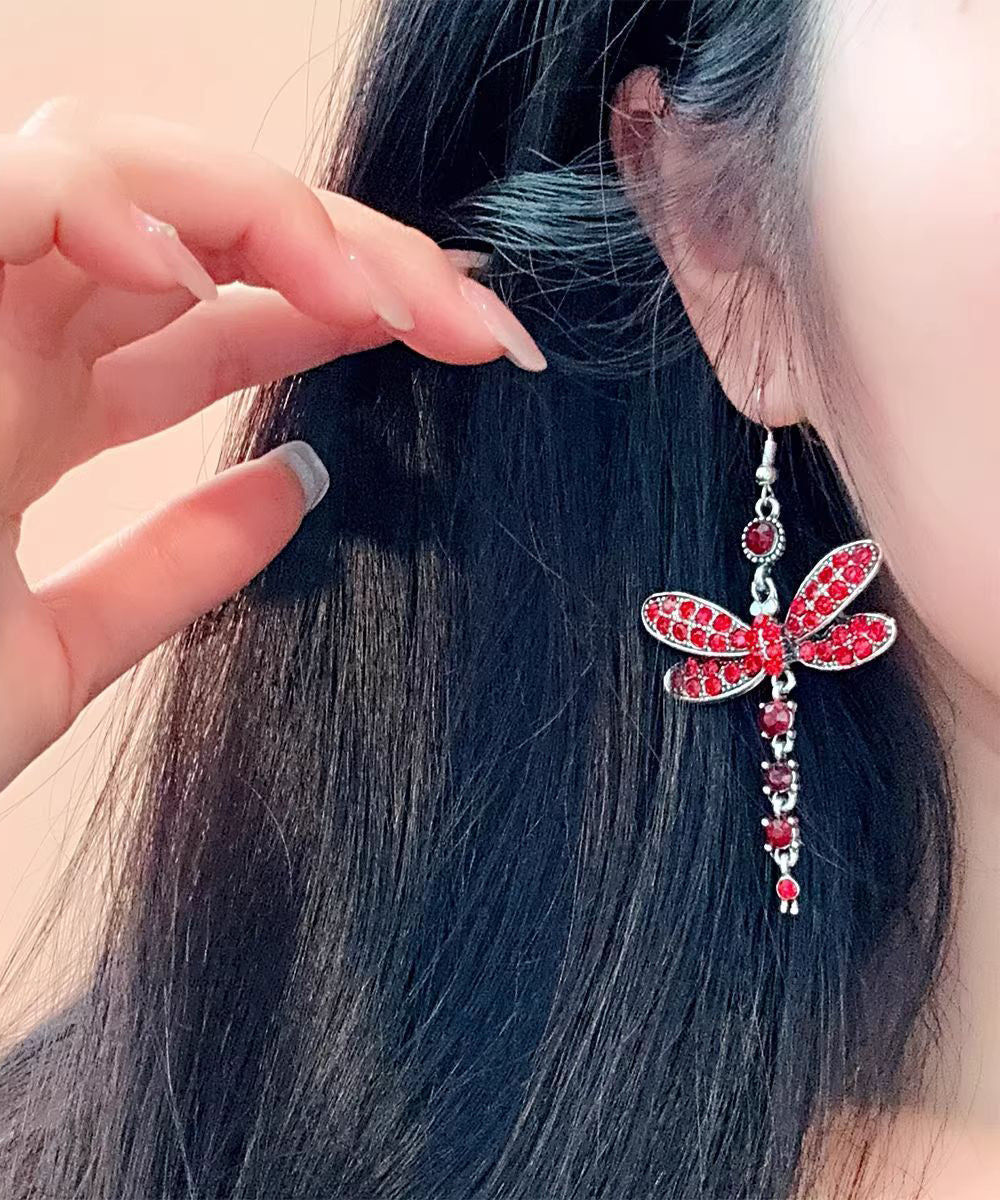 Boho Red Alloy Zircon Dragonfly Drop Earrings
