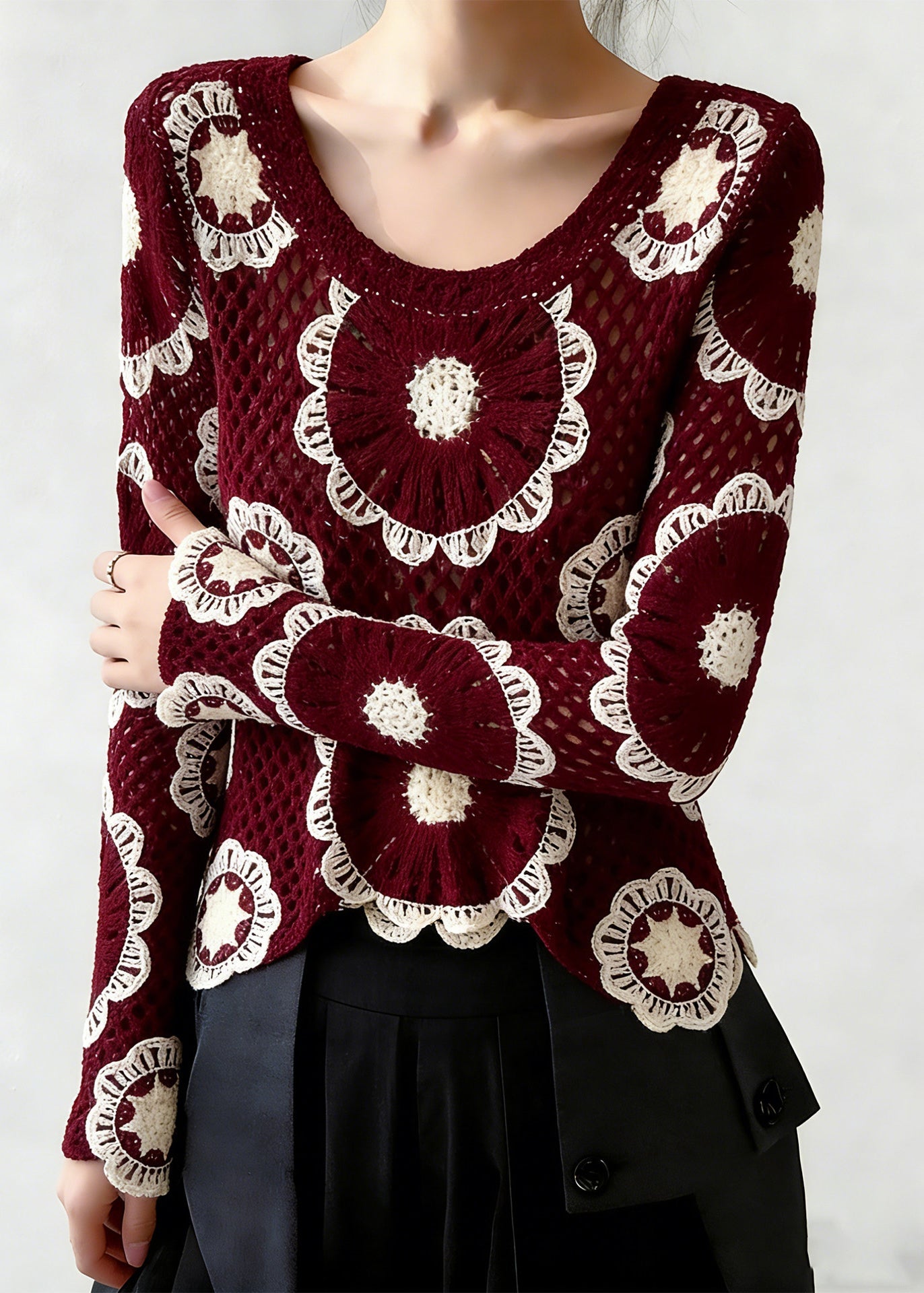 Boho Red O-Neck Hollow Out Knit Top Spring