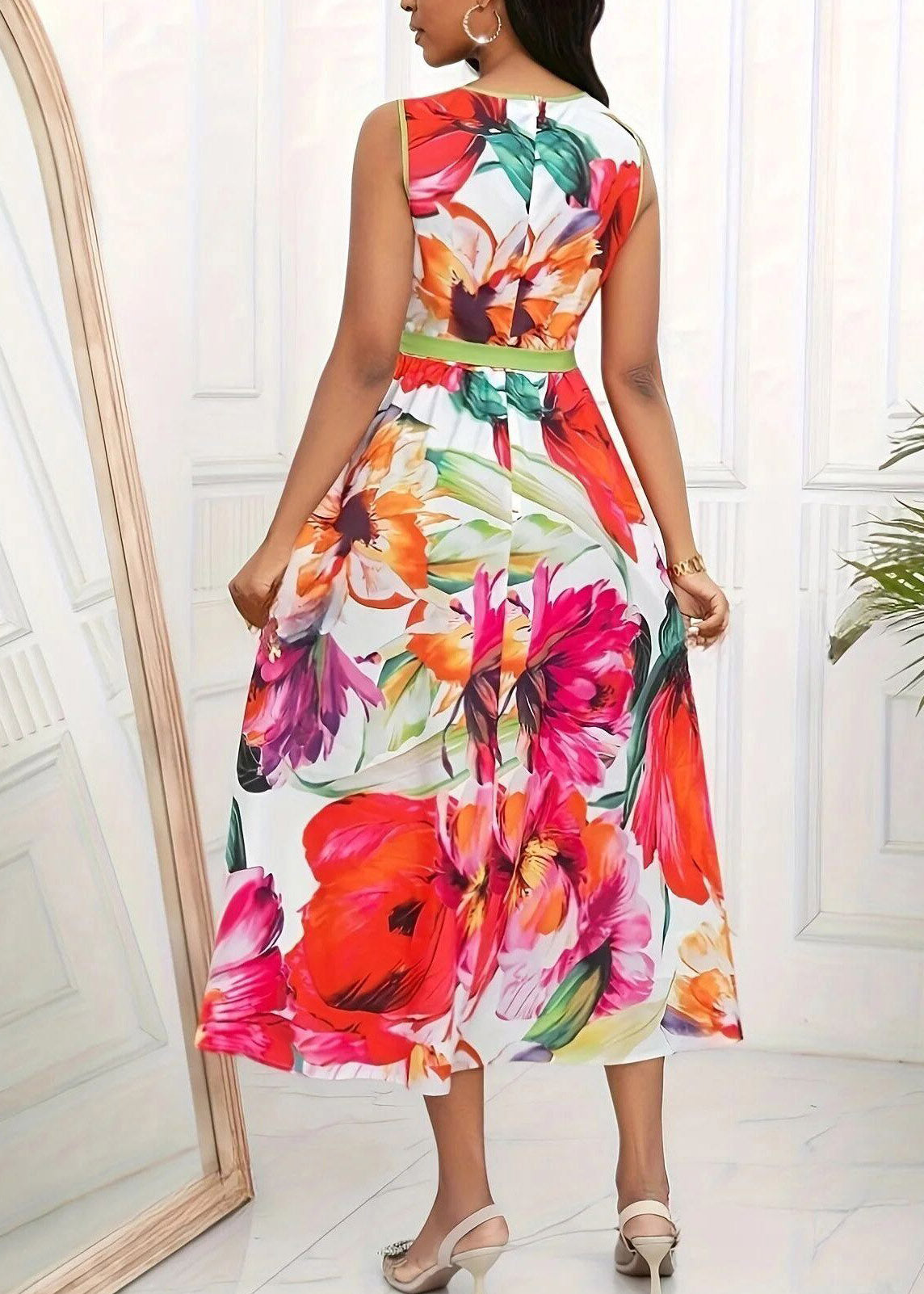 Boho Red O-Neck Print Tie Waist Maxi Dress Sleeveless