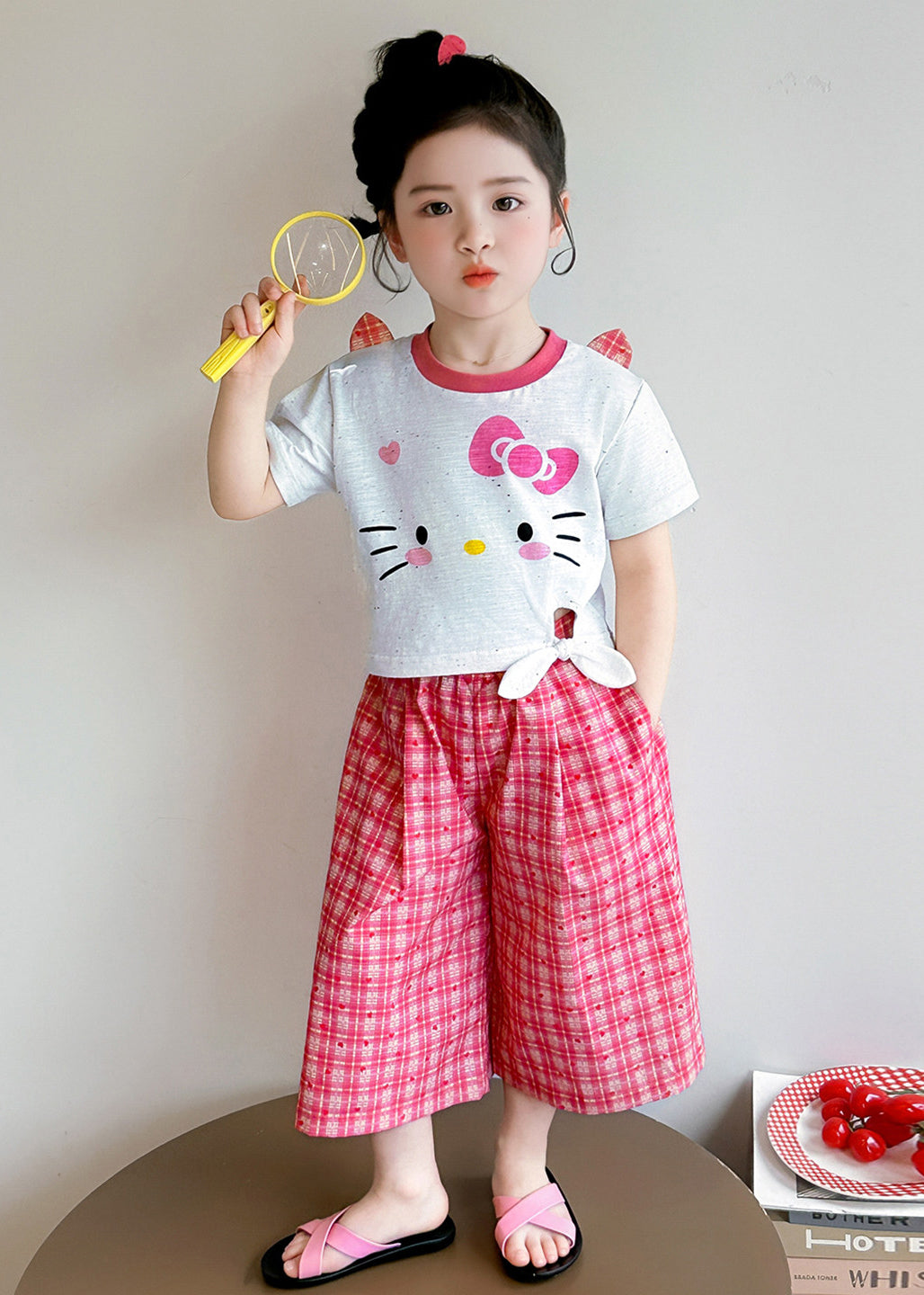 Boho Red Plaid Cute Cat Cotton Baby Girls Two Pieces Set Summer