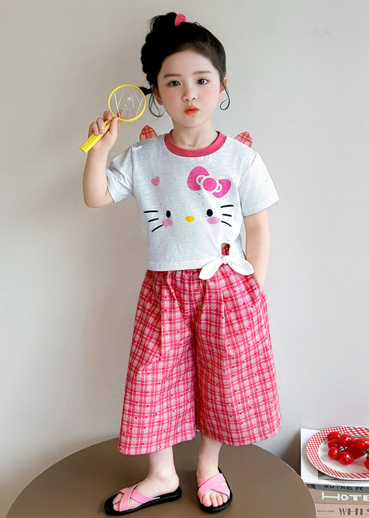 Boho Red Plaid Cute Cat Cotton Baby Girls Two Pieces Set Summer