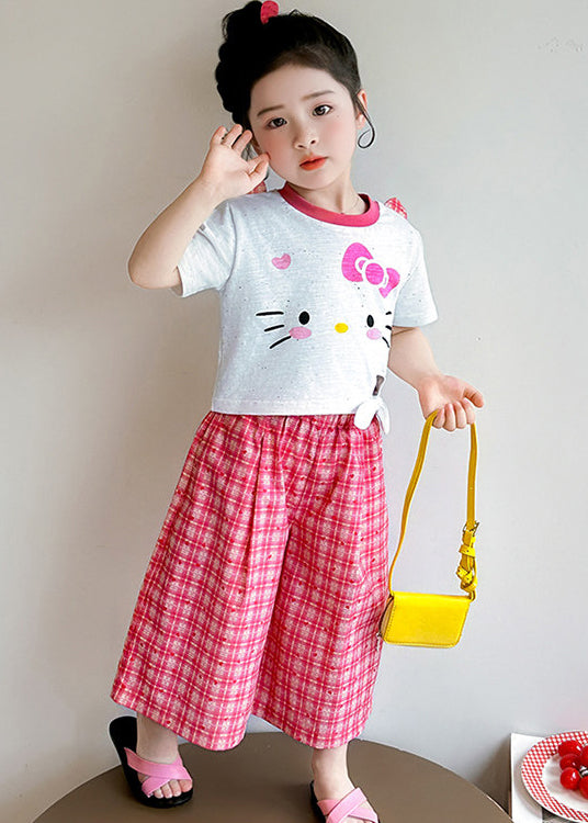 Boho Red Plaid Cute Cat Cotton Baby Girls Two Pieces Set Summer