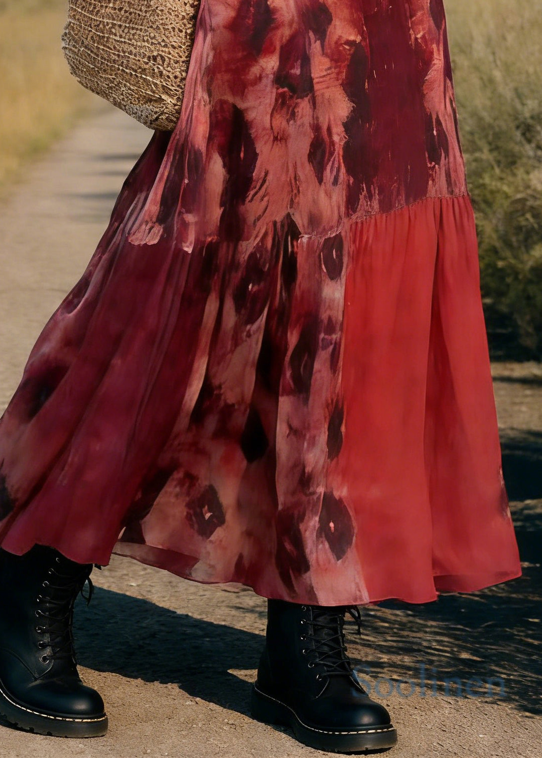 Boho Red Pockets Print Elastic Waist Maxi Skirt Spring