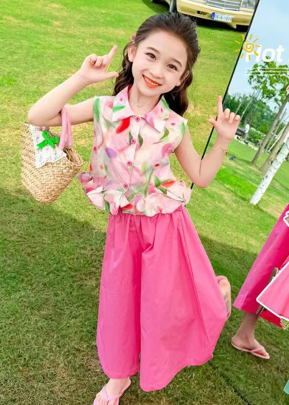 Boho Rose Oversized Print Cotton Baby Girls Two Pieces Set Summer