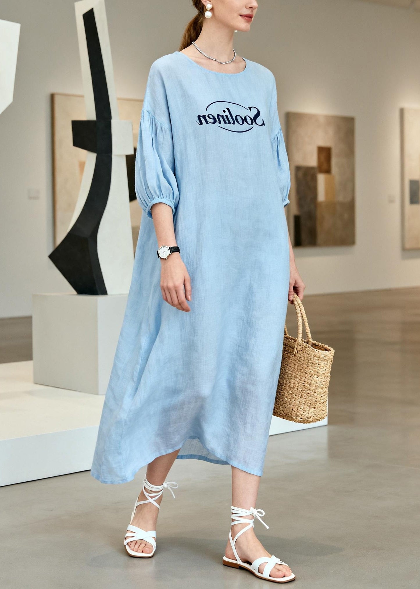 Boho Sky Blue Oversized Cotton Vacation Dresses Summer