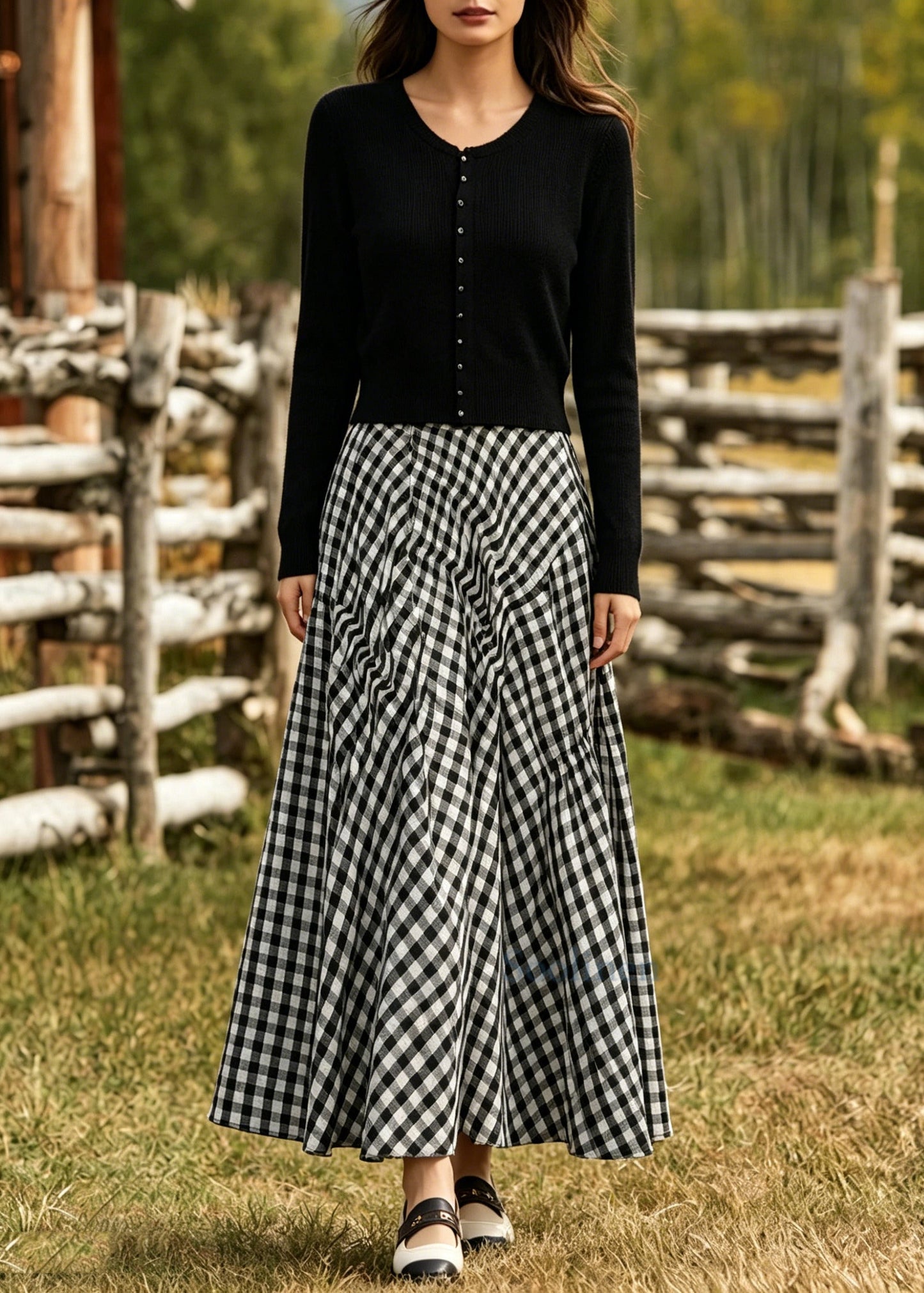 Boho V Neck Plaid Exra Large Hem Cotton Two Pieces Set Spring