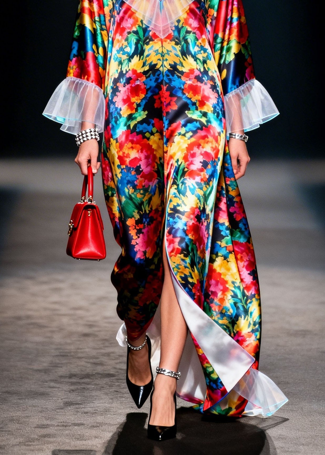 Boho V Neck Ruffled Print Patchwork Chiffon Robe Dresses Spring